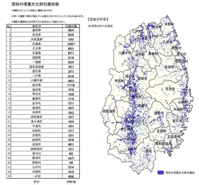 岩手県内の遺跡数と広域分布図