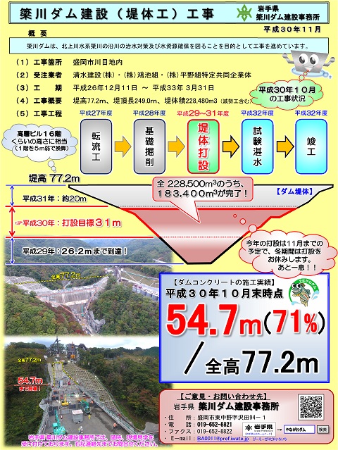 平成30年10月末　簗川ダム建設工事　進捗状況資料