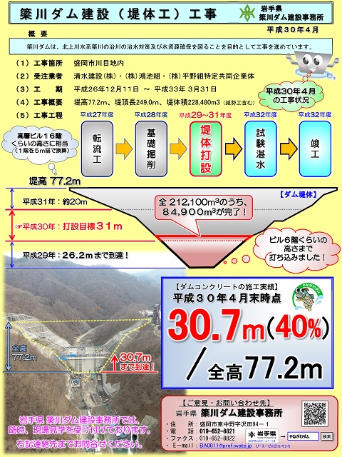 平成30年4月末　簗川ダム建設工事　進捗状況資料