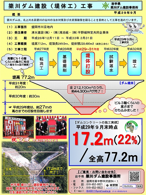 平成29年9月末　簗川ダム建設工事　進捗状況資料