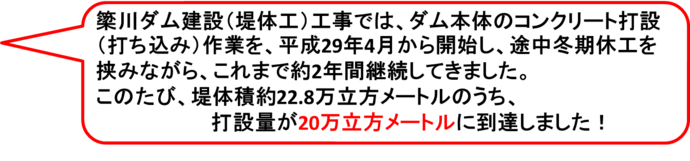 簗川ダム建設（堤体工）工事では、ダム本体のコンクリート打設（打ち込み）作業を、平成29年4月から開始し、途中冬期休工を挟みながら、これまで約2年間継続してきました。このたび、堤体積約22.8万立方メートルのうち、打設量が20万立方メートルに到達しました！