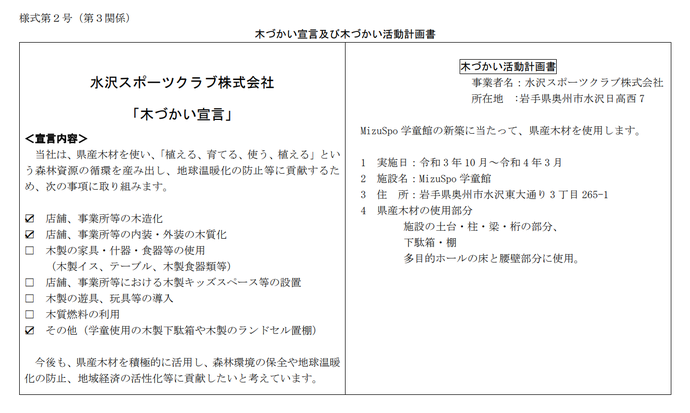 写真：木づかい宣言及び木づかい活動計画書