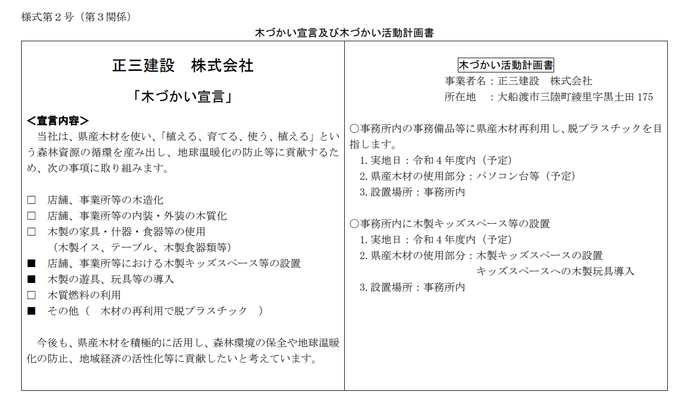 写真：木づかい宣言及び木づかい活動計画書