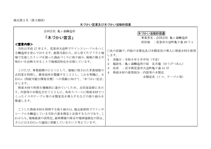 写真：木づかい宣言及び木づかい活動計画書