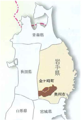 胆江地方は岩手県南に位置する奥州市と金ケ崎町の地図