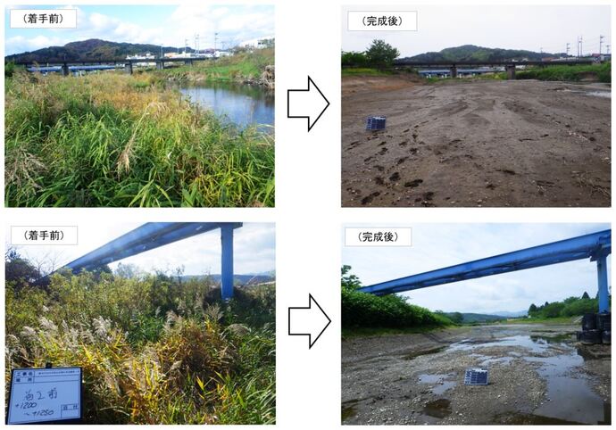【令和7年5月30日掲載】県北広域振興局土木部で進めていた久慈市長内川の河道掘削工事（河川内の堆積土の撤去）が完了しました！