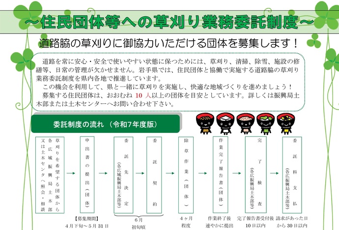 【令和7年5月2日掲載】二戸土木センターでは道路脇の草刈にご協力いただける団体を募集しています！