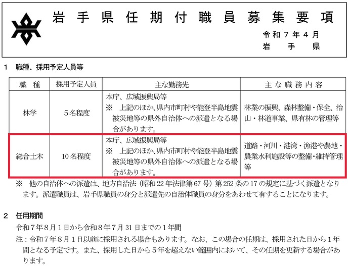 【令和7年5月14日掲載】岩手県では総合土木職の任期付職員を募集しています！（採用予定10名程度）