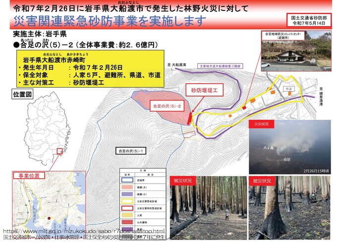 【令和7年5月19日掲載】大船渡市林野火災に係る緊急的な土砂災害対策として、災害関連緊急砂防事業が採択されました！