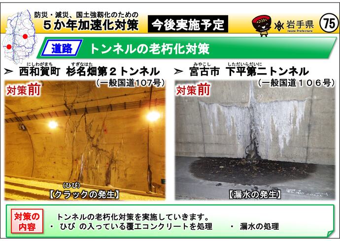 【令和7年10月16日掲載】岩手県内の5か年加速化対策の今後実施予定事例を紹介します!~西和賀町 杉名畑第2トンネル(国道107号)・宮古市 下平第二トンネル(国道106号)