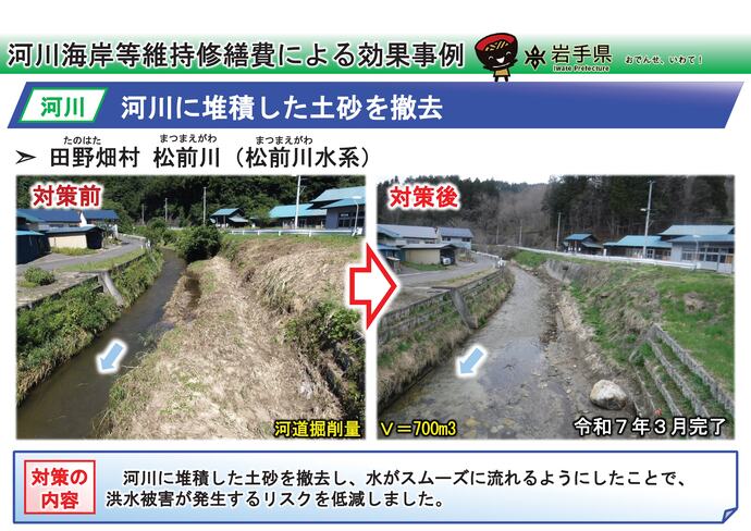 【令和7年11月11日掲載】岩手県内の河道掘削（河川の土砂撤去・浚渫）の事例を紹介します！～田野畑村 松前川（松前川水系）