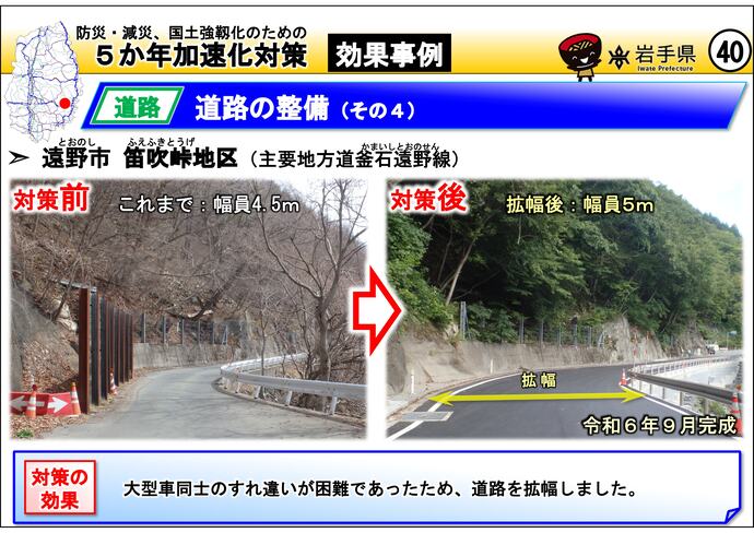【令和7年10月8日掲載】岩手県内の5か年加速化対策の効果事例を紹介します!~遠野市 笛吹峠地区(県道釜石遠野線)