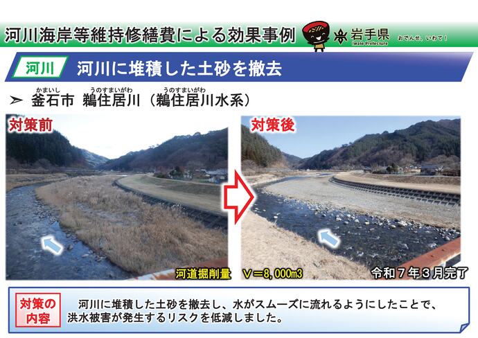 【令和7年10月23日掲載】岩手県内の河道掘削(河川の土砂撤去・浚渫)の事例を紹介します!~釜石市 鵜住居川(鵜住居川水系)