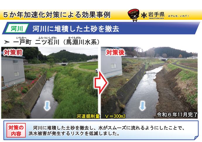 【令和7年10月31日掲載】岩手県内の河道掘削（河川の土砂撤去・浚渫）の事例を紹介します！～一戸町 二ツ石川（馬淵川水系）