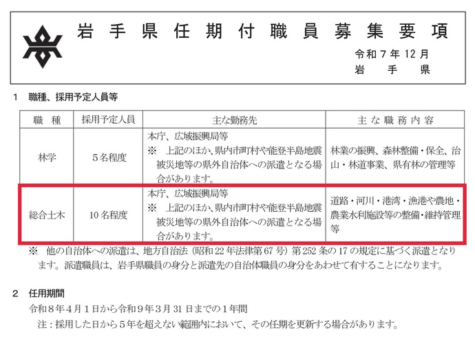 【令和7年12月15日掲載】岩手県では、総合土木職の任期付職員（令和8年4月1日採用予定）を募集しています！