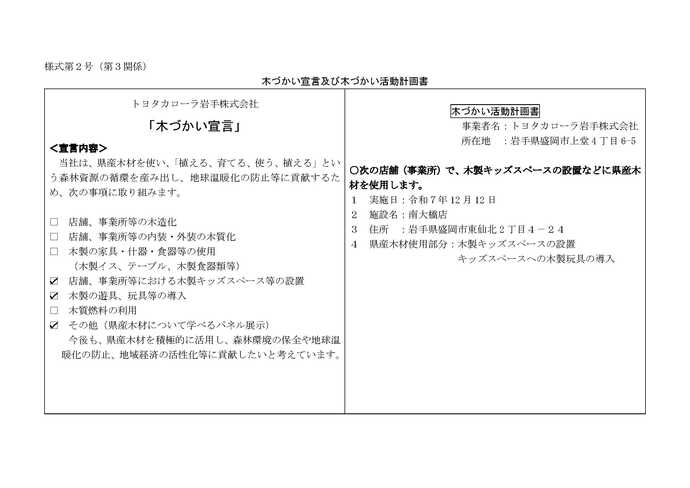 写真：木づかい宣言及び木づかい活動計画書