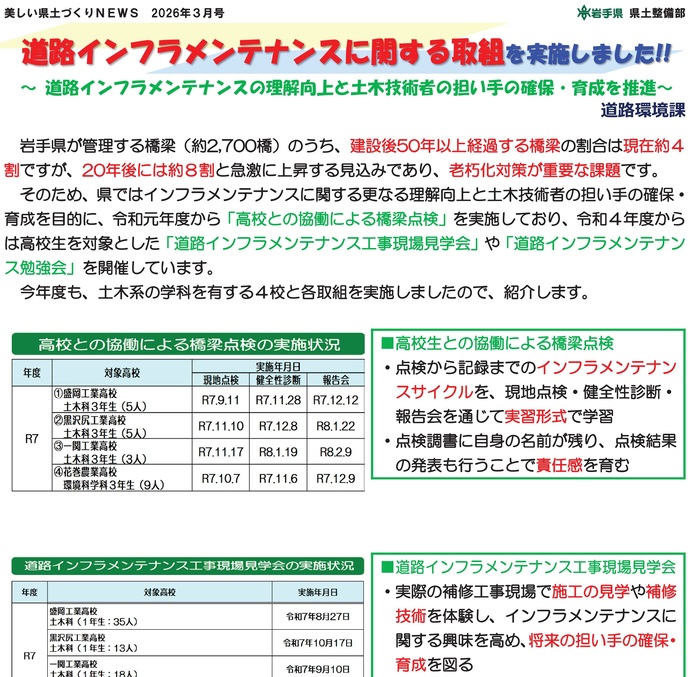 【令和8年3月23日掲載】道路インフラメンテナンスに関する取組を実施しました！～道路インフラメンテナンスの理解向上と土木技術者の担い手の確保・育成を推進～