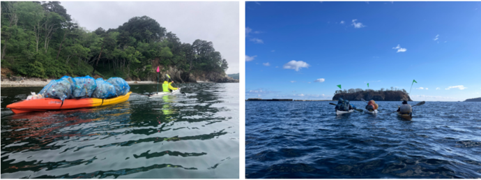 回収した漂着ごみはシーカヤックを使って運搬