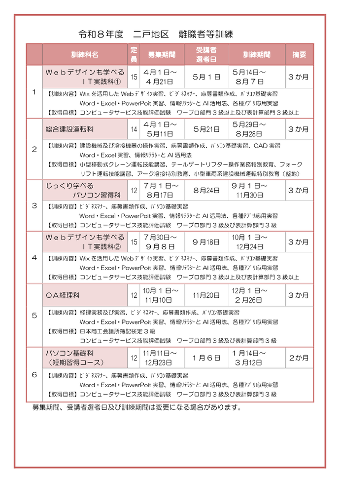 受講生募集ポスター（二戸地区）詳細は以下