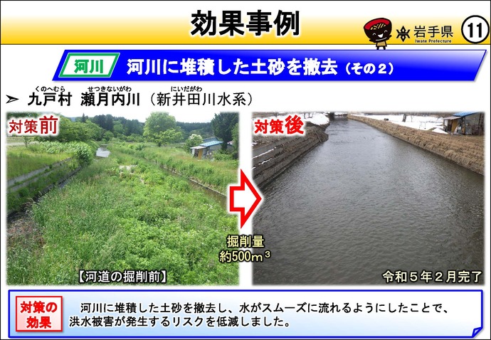 【令和8年8月3日掲載】岩手県の強靱化の取組を紹介！ 九戸村の瀬月内川で、河川に堆積した土砂を撤去しました。