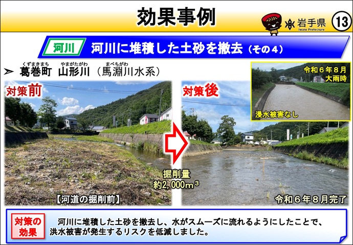 【令和8年8月5日掲載】岩手県の強靱化の取組を紹介！  葛巻町の山形川で、河川に堆積した土砂を撤去しました。