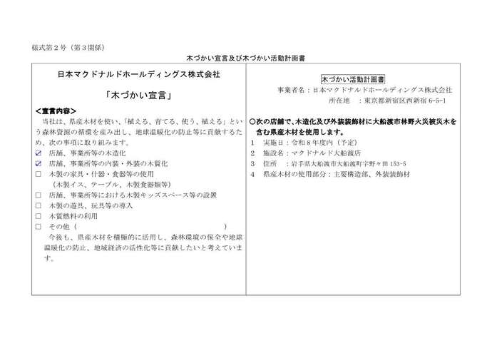 日本マクドナルドホールディングス株式会社「木づかい宣言」