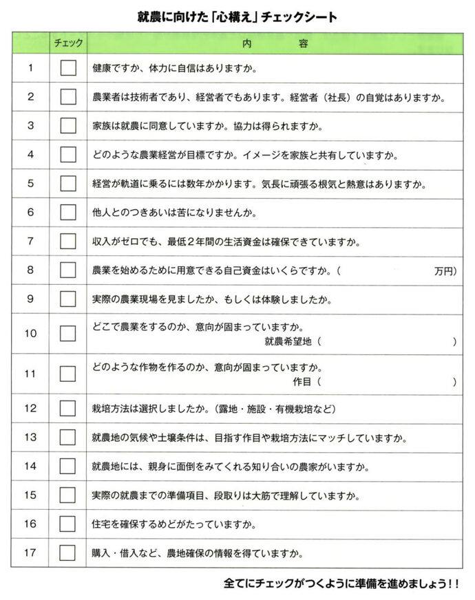 就農に向けた「心構え」チェックシート