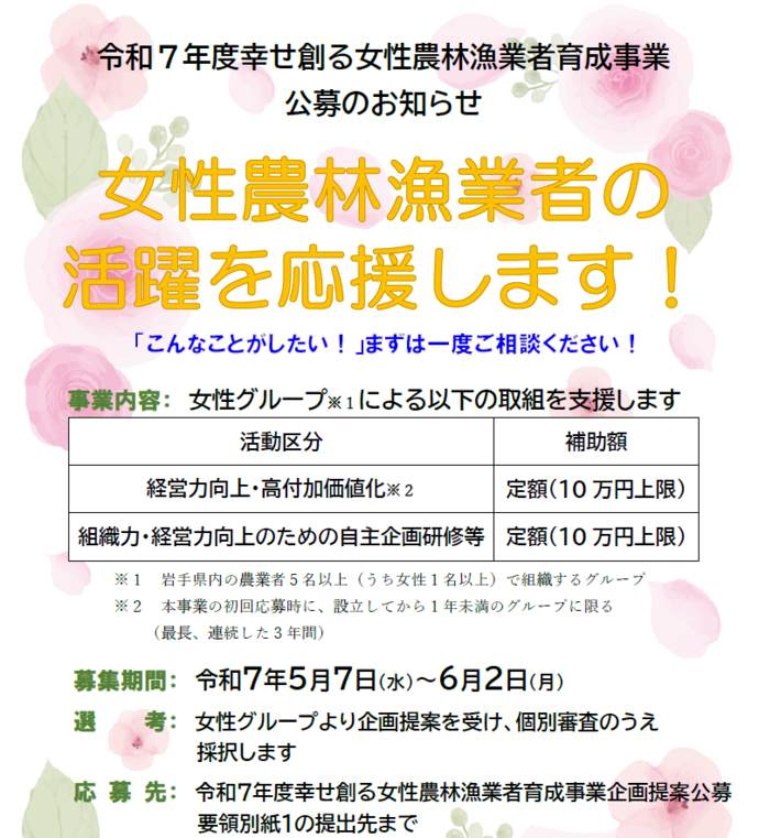 女性農林漁業者育成事業の公募
