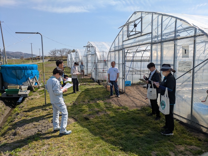 チーム園芸遠野による施設ピーマンの収量向上に向けた取り組み状況の共有の様子
