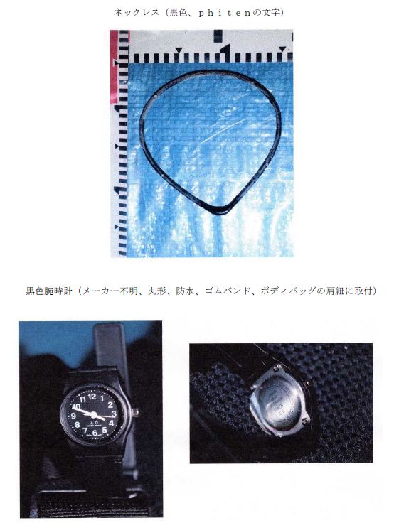 写真:ネックレス(黒色、phitenの文字)、黒色腕時計(メーカー不明、丸形、防水、ゴムバンド、ボディバッグの肩紐に取付)