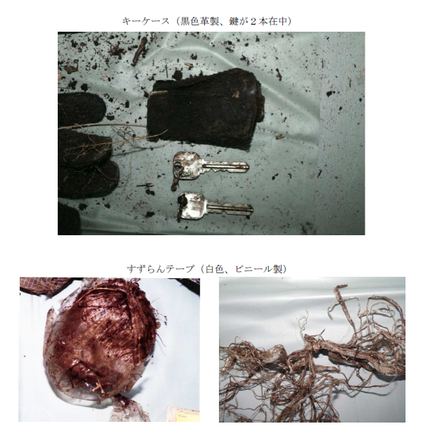 写真:キーケース(黒色革製、鍵が2本在中)、すずらんテープ(白色、ビニール製)